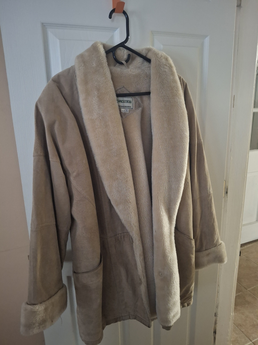Relaxed Faux-Suede Coat with Plush Shearling Trim - Beige